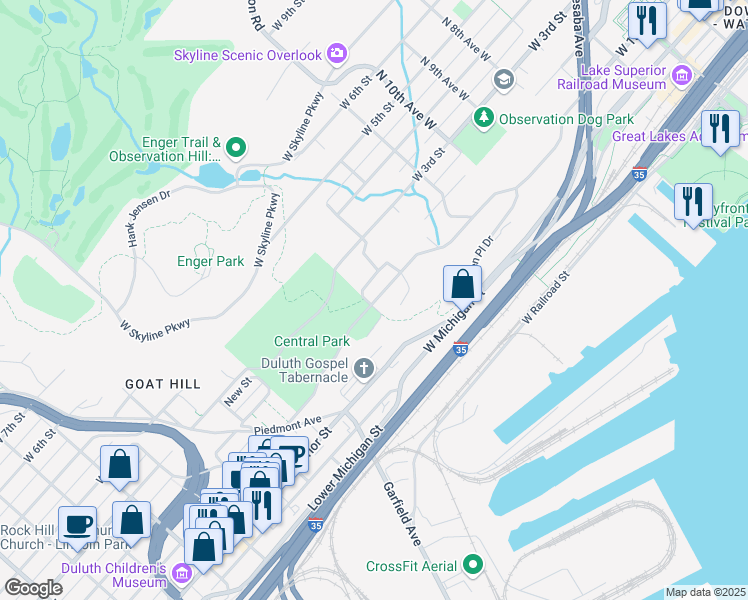 map of restaurants, bars, coffee shops, grocery stores, and more near 112 North 14th Avenue West in Duluth