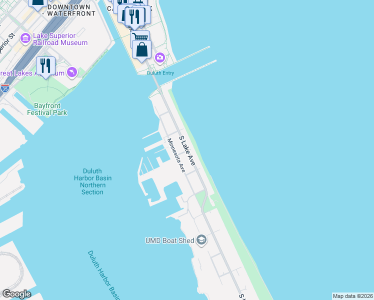 map of restaurants, bars, coffee shops, grocery stores, and more near 1026 South Lake Avenue in Duluth