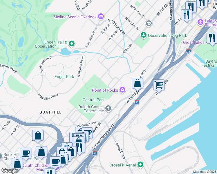 map of restaurants, bars, coffee shops, grocery stores, and more near 198 North 14th Avenue West in Duluth