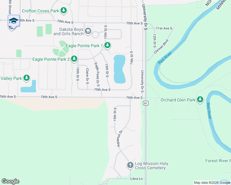 map of restaurants, bars, coffee shops, grocery stores, and more near 1637 76th Avenue South in Fargo