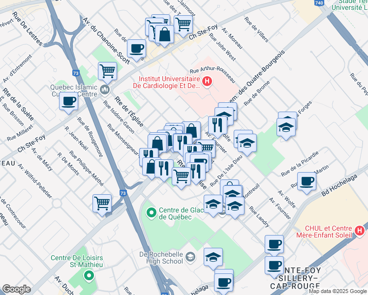 map of restaurants, bars, coffee shops, grocery stores, and more near 925 Mainguy Street in Quebec City