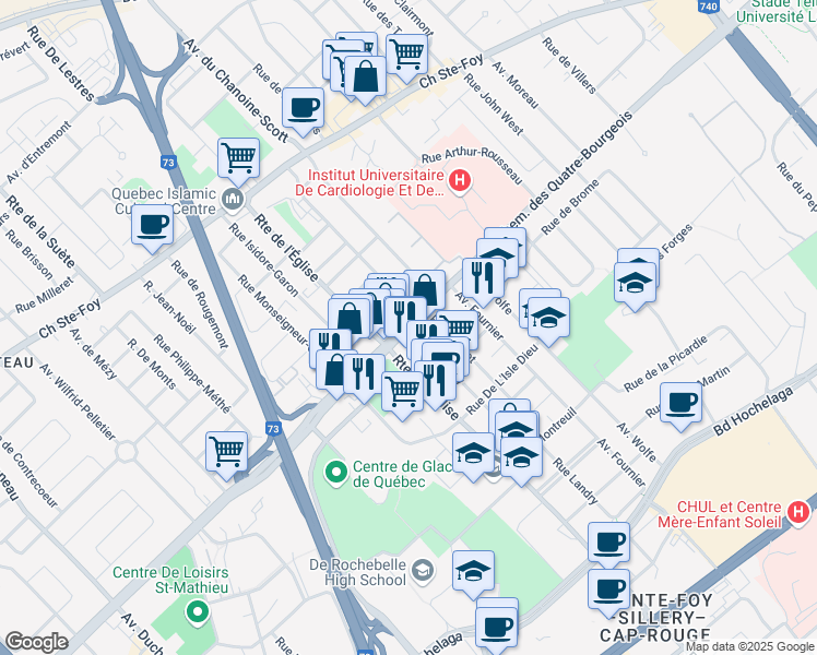 map of restaurants, bars, coffee shops, grocery stores, and more near 925 Rue Mainguy in Quebec