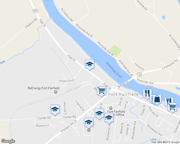 map of restaurants, bars, coffee shops, grocery stores, and more near 51 High Street in Fort Fairfield