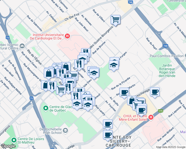 map of restaurants, bars, coffee shops, grocery stores, and more near 995 Avenue Wolfe in Ville de Québec