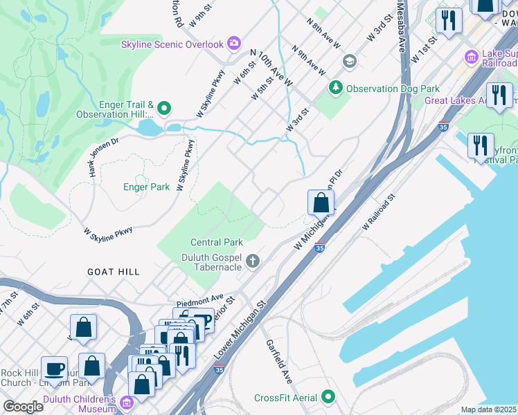 map of restaurants, bars, coffee shops, grocery stores, and more near 1325 West 1st Street in Duluth