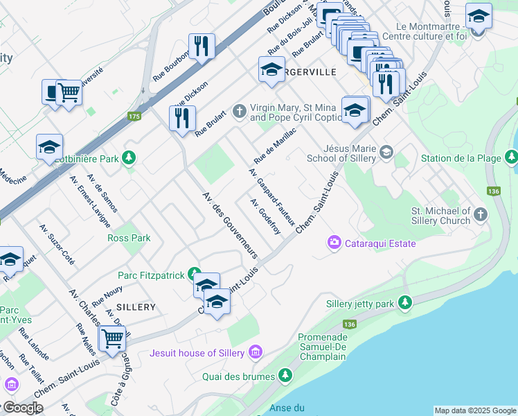 map of restaurants, bars, coffee shops, grocery stores, and more near 1400 Avenue Godefroy in Ville de Québec