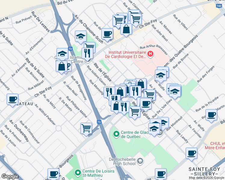 map of restaurants, bars, coffee shops, grocery stores, and more near 879 Rue Isidore Garon in Ville de Québec