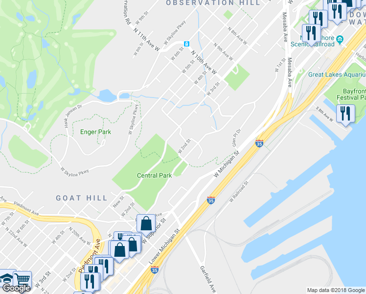 map of restaurants, bars, coffee shops, grocery stores, and more near 1321 West 2nd Street in Duluth