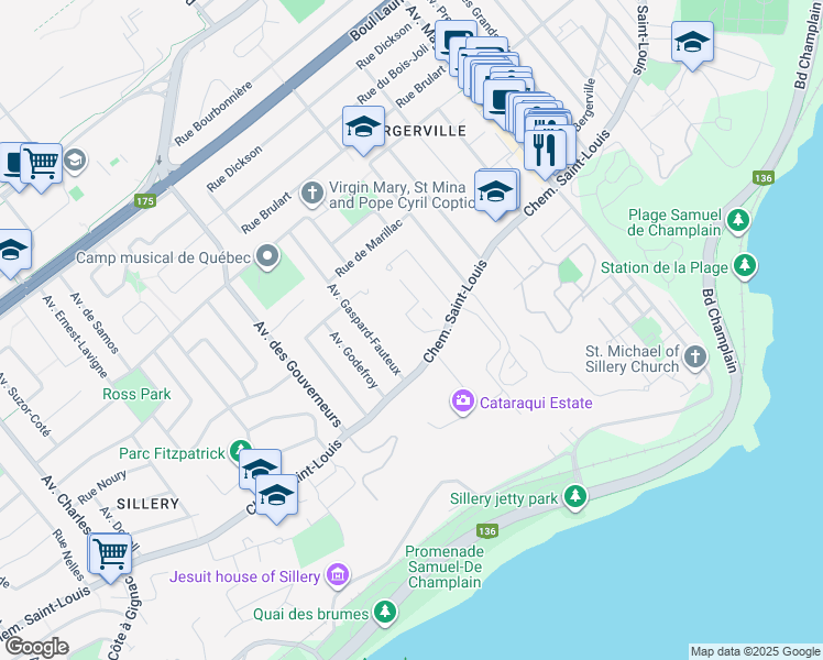 map of restaurants, bars, coffee shops, grocery stores, and more near 2140 Chemin Saint-Louis in Ville de Québec