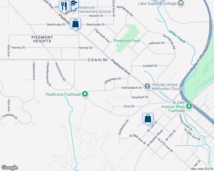 map of restaurants, bars, coffee shops, grocery stores, and more near 2122 Allegheny Street in Duluth