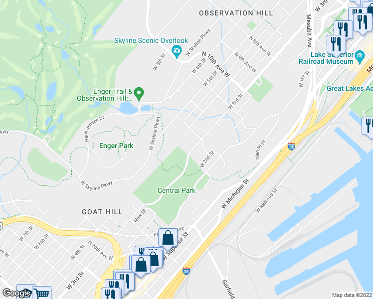 map of restaurants, bars, coffee shops, grocery stores, and more near 1331 West 3rd Street in Duluth