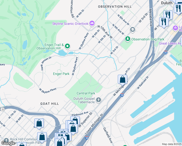 map of restaurants, bars, coffee shops, grocery stores, and more near 1331 West 3rd Street in Duluth
