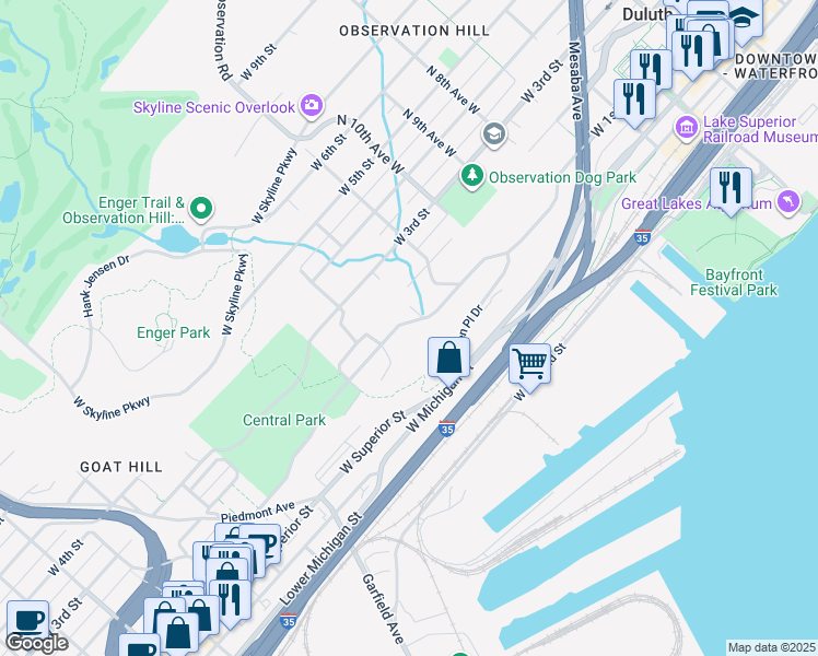 map of restaurants, bars, coffee shops, grocery stores, and more near 1210 West 1st Street in Duluth