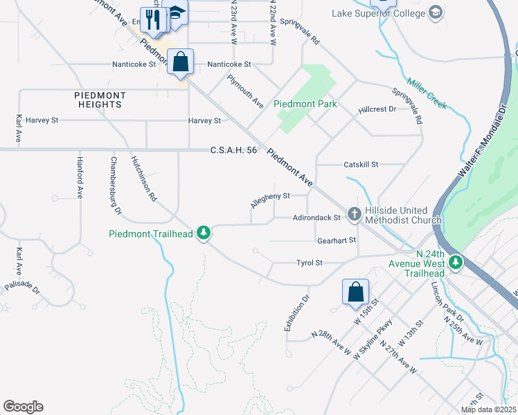 map of restaurants, bars, coffee shops, grocery stores, and more near 2122 Allegheny Street in Duluth