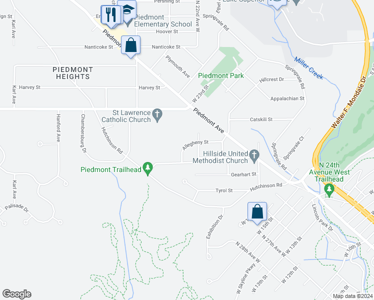 map of restaurants, bars, coffee shops, grocery stores, and more near 2122 Allegheny Street in Duluth