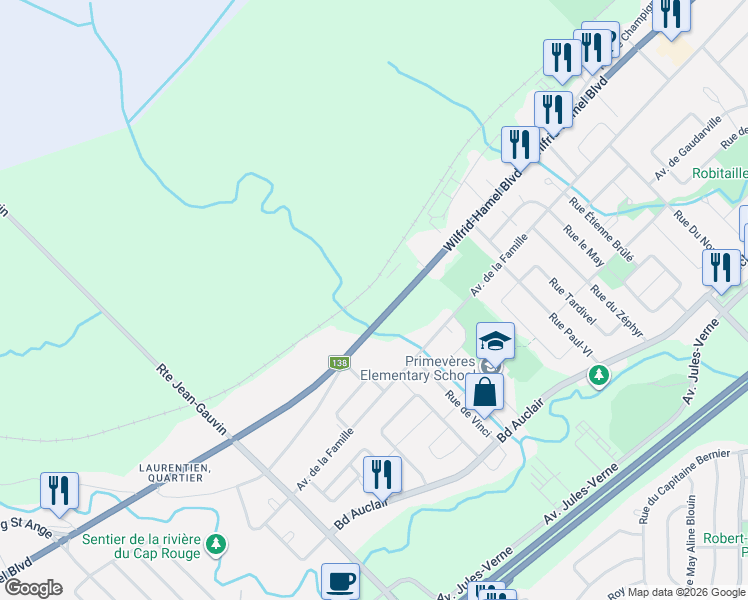 map of restaurants, bars, coffee shops, grocery stores, and more near 7500 Boulevard Wilfrid-Hamel in Québec