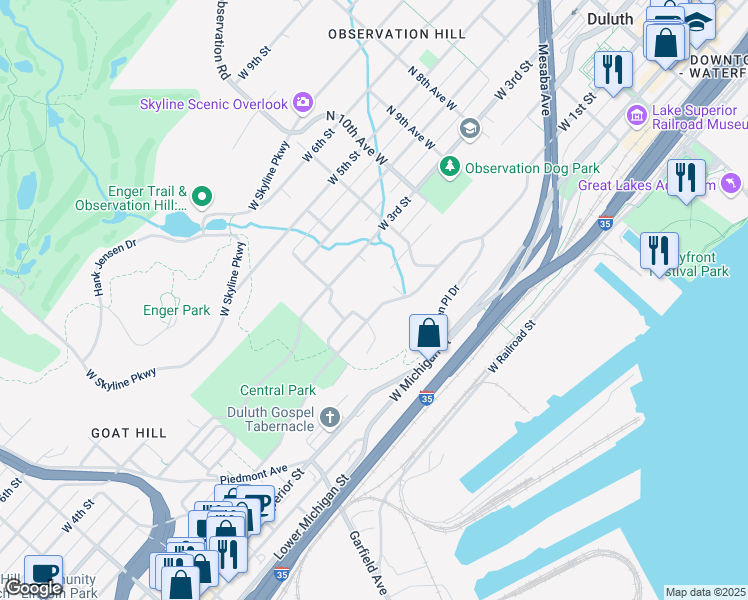 map of restaurants, bars, coffee shops, grocery stores, and more near 1210 West 1st Street in Duluth