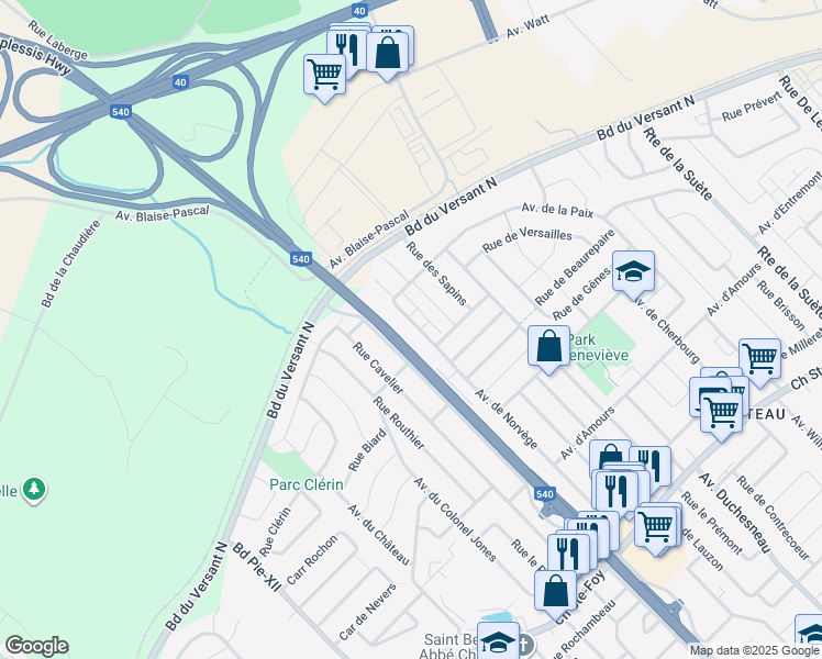 map of restaurants, bars, coffee shops, grocery stores, and more near 594 Avenue de Norvège in Ville de Québec