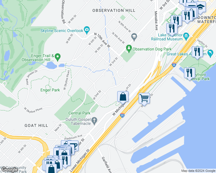 map of restaurants, bars, coffee shops, grocery stores, and more near 1215 West 1st Street in Duluth