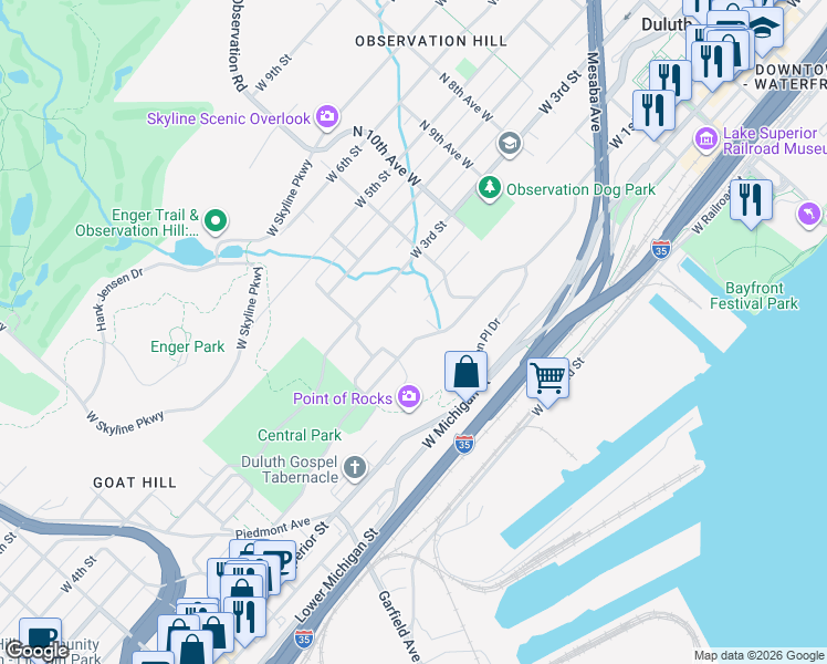 map of restaurants, bars, coffee shops, grocery stores, and more near 1210 West 1st Street in Duluth