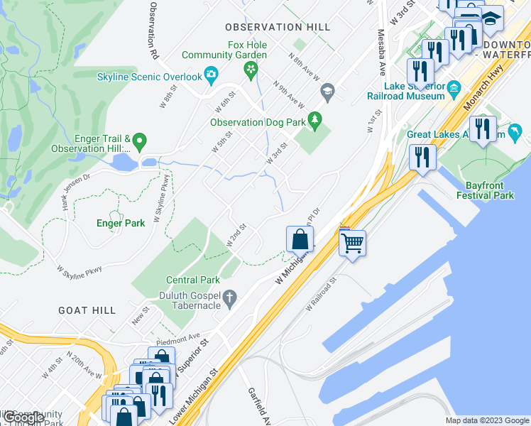 map of restaurants, bars, coffee shops, grocery stores, and more near 1213 West 1st Street in Duluth