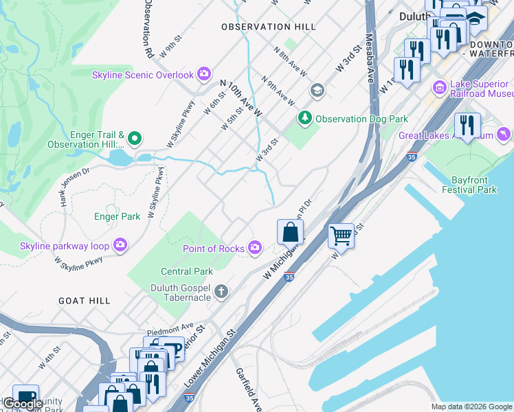 map of restaurants, bars, coffee shops, grocery stores, and more near 1210 West 1st Street in Duluth