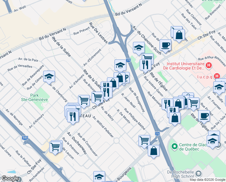map of restaurants, bars, coffee shops, grocery stores, and more near 3027 Rue Duvivier in Québec