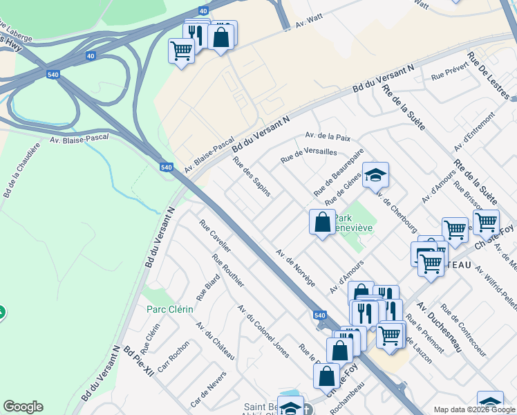 map of restaurants, bars, coffee shops, grocery stores, and more near 636 Rue des Mélèzes Nord in Ville de Québec