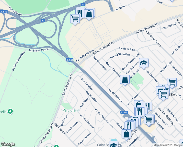 map of restaurants, bars, coffee shops, grocery stores, and more near 590 Avenue de Norvège in Québec