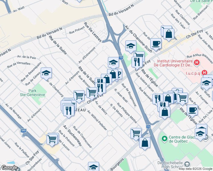 map of restaurants, bars, coffee shops, grocery stores, and more near 3027 Rue Duvivier in Québec