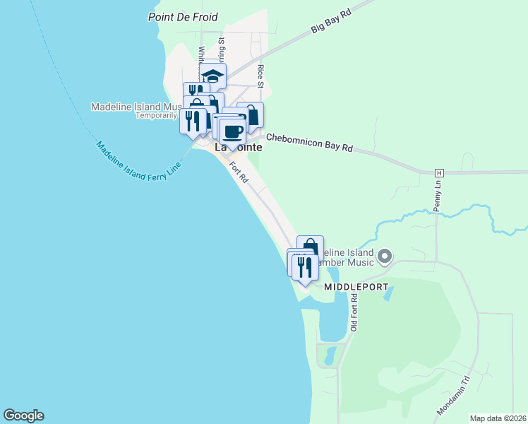 map of restaurants, bars, coffee shops, grocery stores, and more near 717 Fort Road in La Pointe
