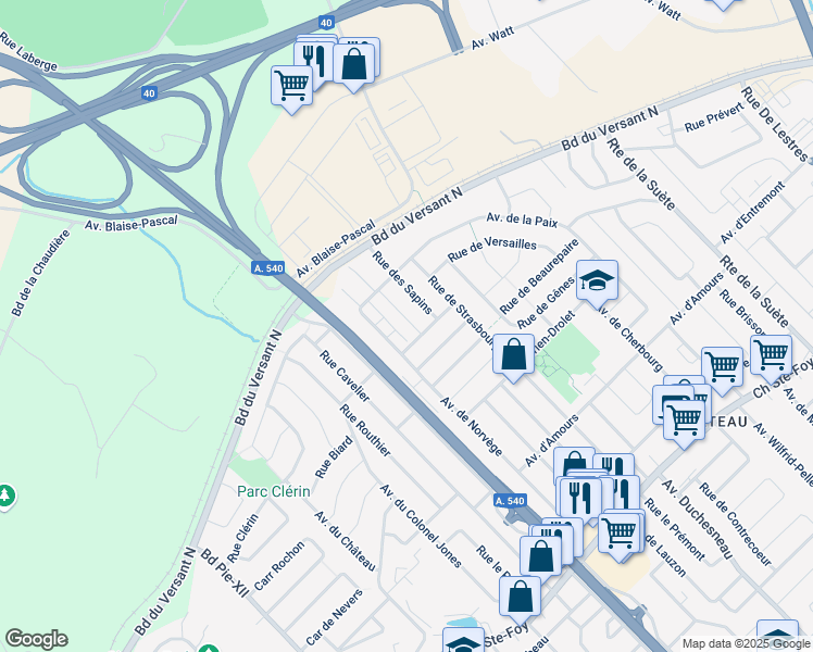 map of restaurants, bars, coffee shops, grocery stores, and more near 626 Rue des Mélèzes Nord in Ville de Québec