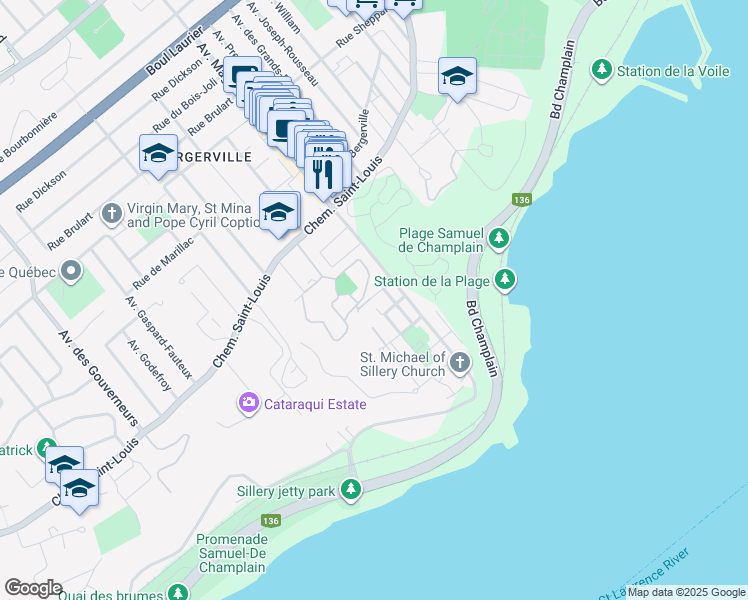 map of restaurants, bars, coffee shops, grocery stores, and more near 2025 Rue Louis A. Bélisle in Ville de Québec