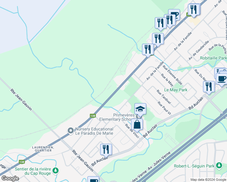 map of restaurants, bars, coffee shops, grocery stores, and more near 7484 Wilfrid-Hamel Boulevard in Québec City