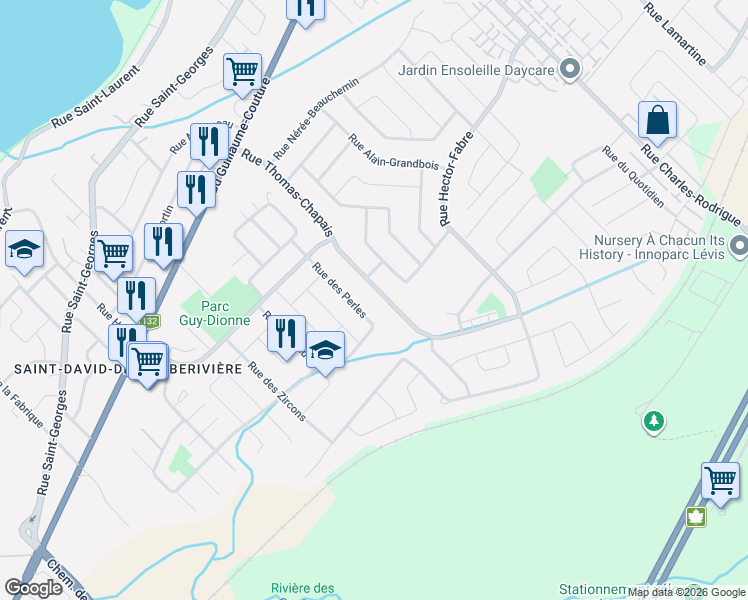 map of restaurants, bars, coffee shops, grocery stores, and more near 87 Rue Thomas-Chapais in Lévis