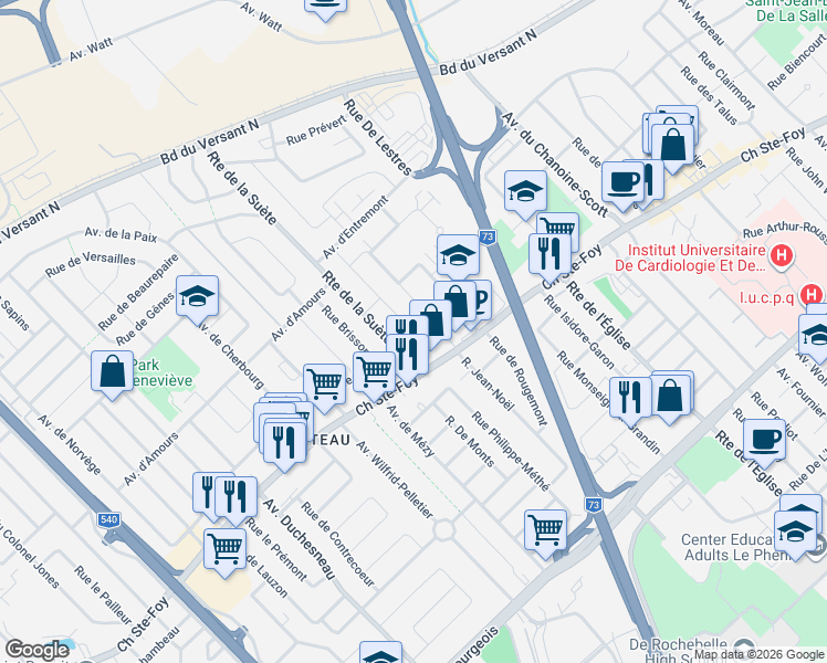 map of restaurants, bars, coffee shops, grocery stores, and more near 3027 Rue Duvivier in Quebec