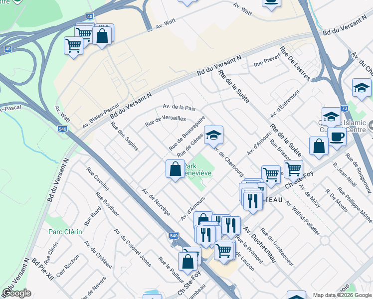 map of restaurants, bars, coffee shops, grocery stores, and more near Rue de Gênes in Ville de Québec