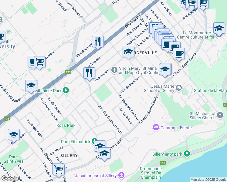 map of restaurants, bars, coffee shops, grocery stores, and more near 1315 Avenue Gaspard Fauteux in Québec