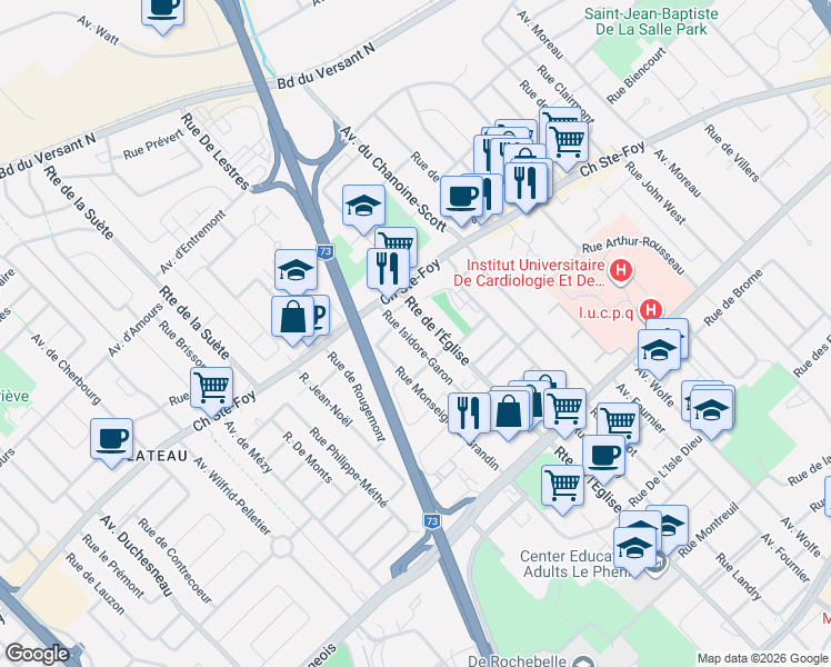 map of restaurants, bars, coffee shops, grocery stores, and more near 821 Rue Isidore-Garon in Québec