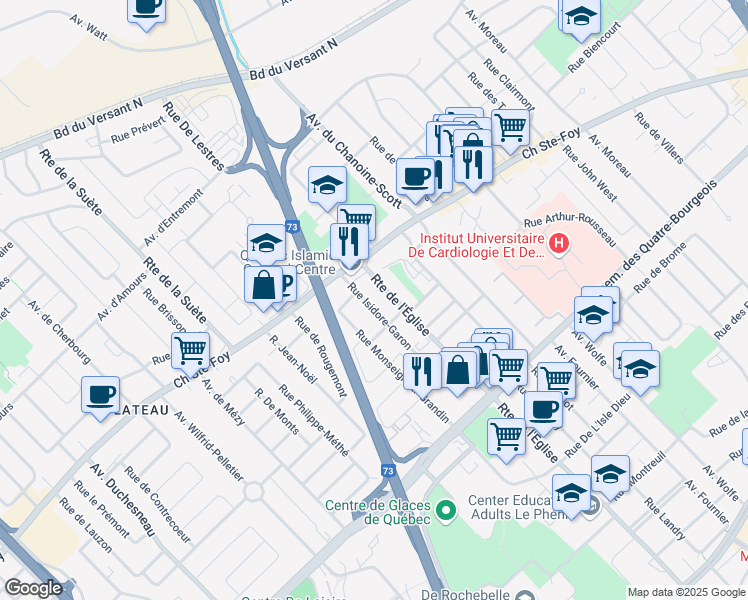 map of restaurants, bars, coffee shops, grocery stores, and more near 821 Rue Isidore-Garon in Québec