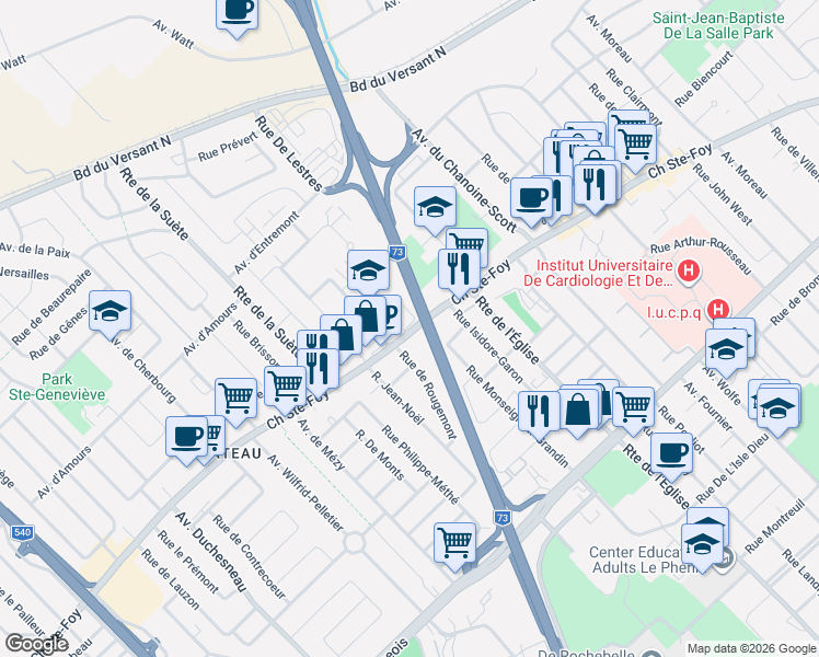 map of restaurants, bars, coffee shops, grocery stores, and more near 2938 Chemin Sainte-Foy in Québec