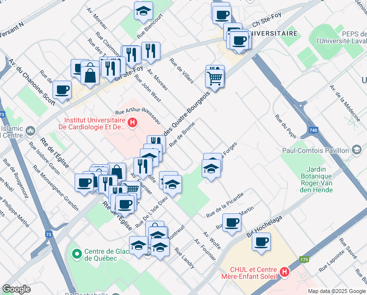 map of restaurants, bars, coffee shops, grocery stores, and more near 1084 Rue Noël Carter in Quebec City