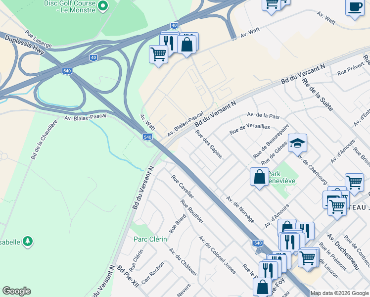 map of restaurants, bars, coffee shops, grocery stores, and more near 3414 Avenue de la Paix in Québec