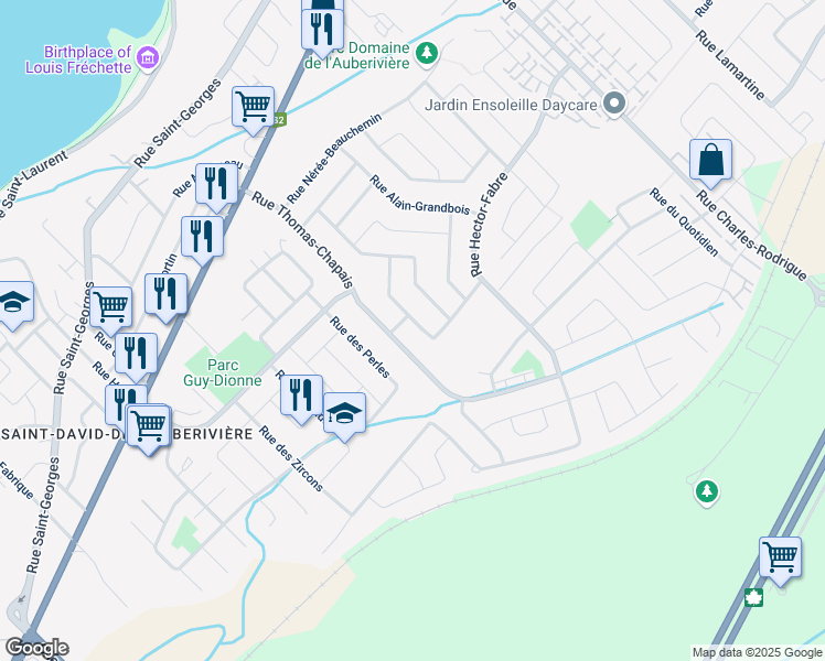 map of restaurants, bars, coffee shops, grocery stores, and more near 25 Rue Adjutor Rivard in Lévis