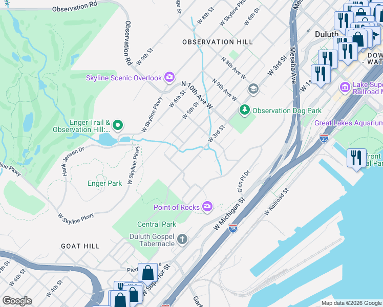 map of restaurants, bars, coffee shops, grocery stores, and more near 1202 West 3rd Street in Duluth