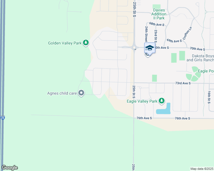 map of restaurants, bars, coffee shops, grocery stores, and more near 7269 25th Street South in Fargo