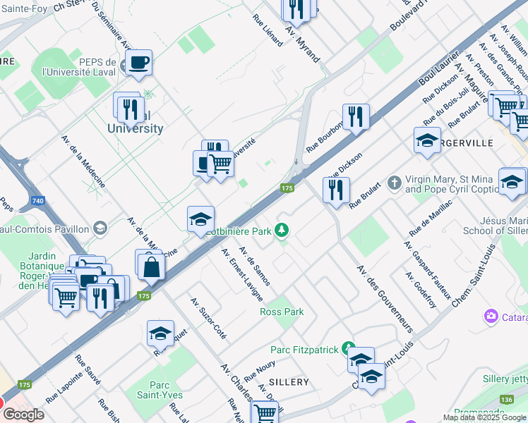 map of restaurants, bars, coffee shops, grocery stores, and more near 2335 Avenue Charles Huot in Quebec