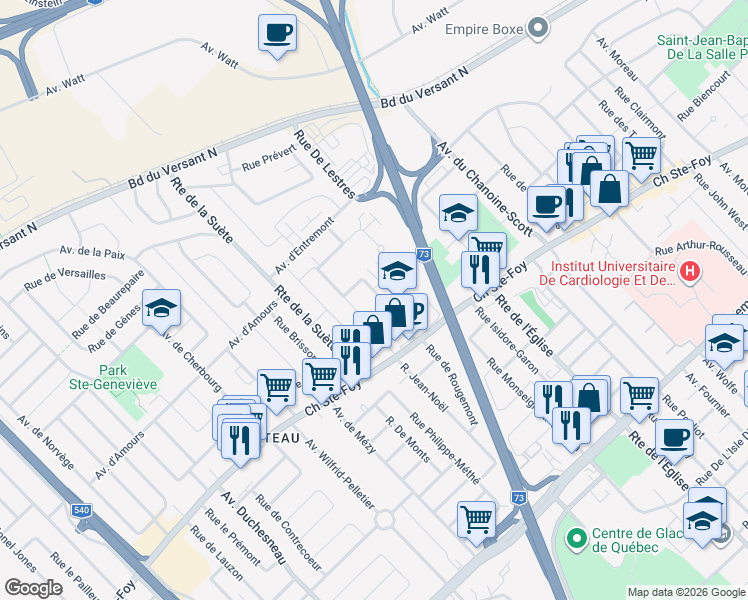 map of restaurants, bars, coffee shops, grocery stores, and more near 784 Rue de Rougemont in Québec