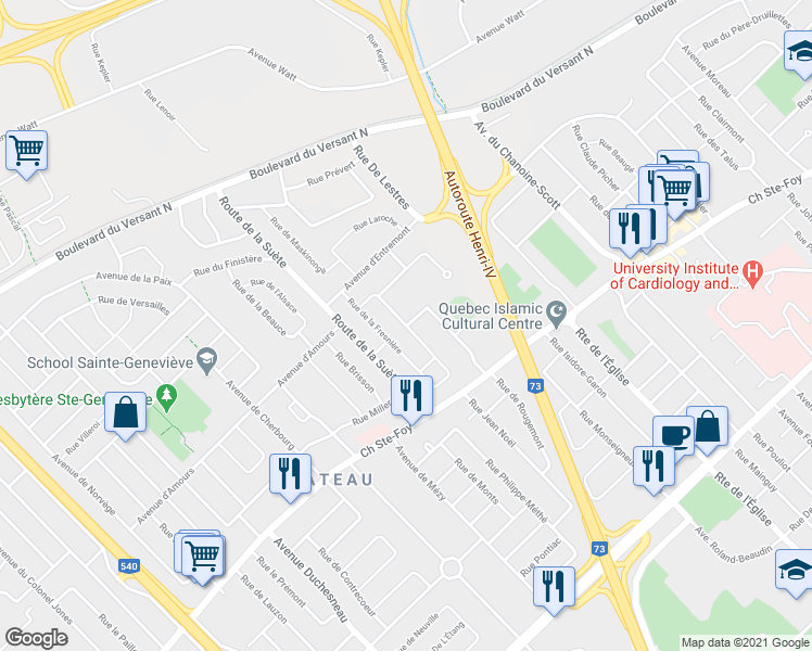 map of restaurants, bars, coffee shops, grocery stores, and more near Rue de Rougemont & Rue du Chanoine Groulx in Ville de Québec