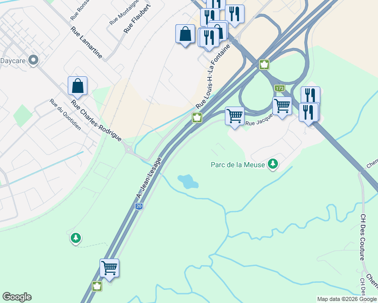 map of restaurants, bars, coffee shops, grocery stores, and more near Rue Jacques-Nau in Lévis